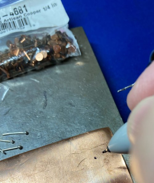 Susan LeGuyader's Riveting Tips - , Metalwork, Riveting, Riveting Techniques, Wire Rivets, use a marker for exact placement of your rivet